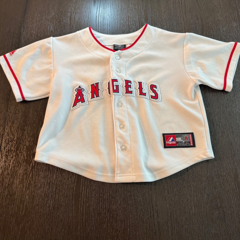 Majestic MLB Los Angeles Angels Youth Jersey White Red Size 7 L Baseball Button